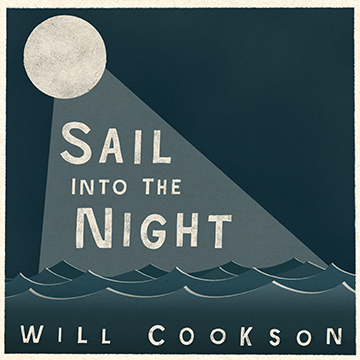 a cartoon sea in teal with a circular moon and text reading 'Sail Into The Night'